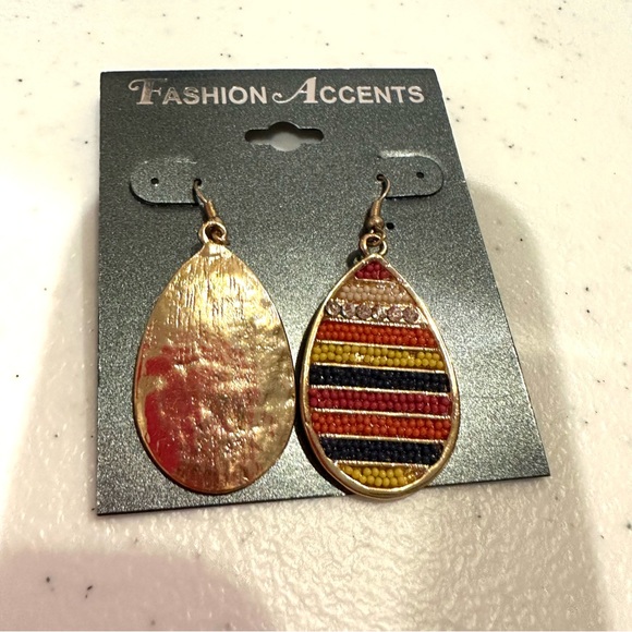 NWT Fashion Accents Earrings dangle gold w/ multicolored seed beads & crystals - Picture 6 of 8